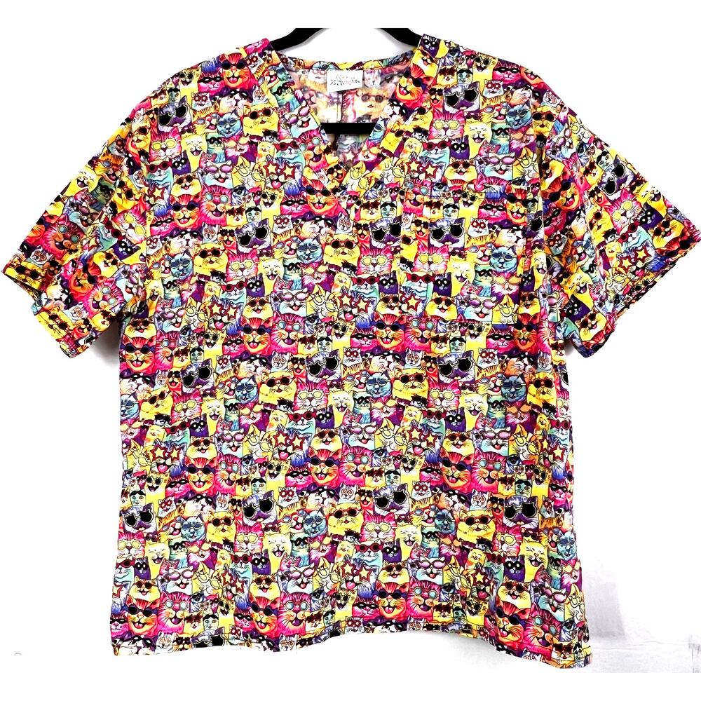 Rose Scrubs Top - Womens Small-Cats with Sunglasses - Vet Medical Tech Nurse SS